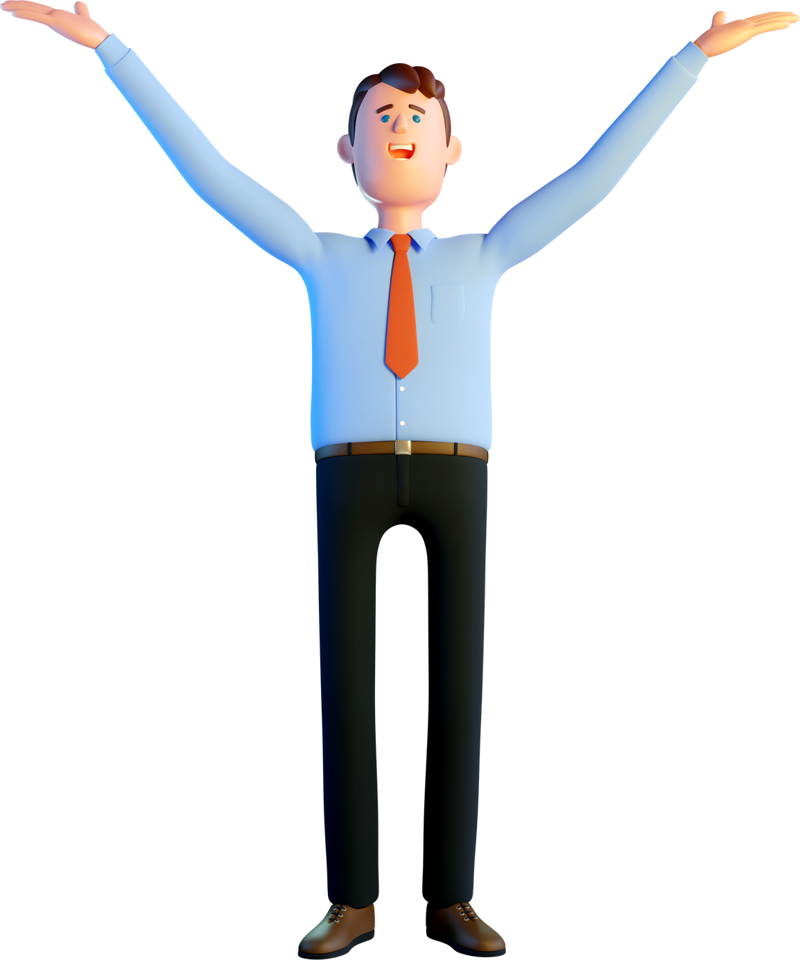 3d man thank you god gesture. Businessman raised his hands